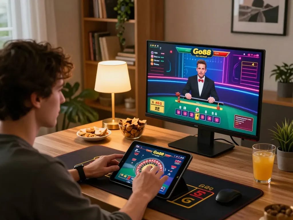 Player enjoying Go88 live dealer roulette in a cozy home office setting