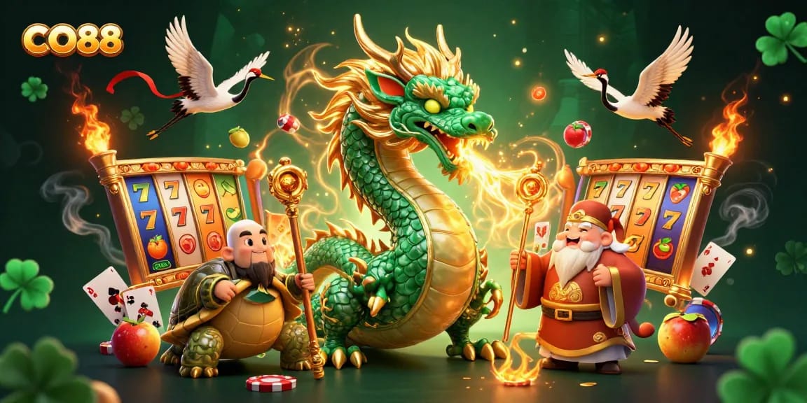 Engage in thrilling casino action with CO88, featuring a majestic dragon and vibrant slot elements.