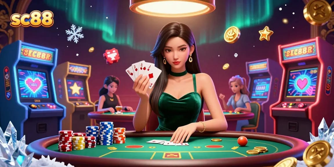 Experience the excitement of sc88 with a stunning casino scene featuring poker strategy and vibrant 3D elements.