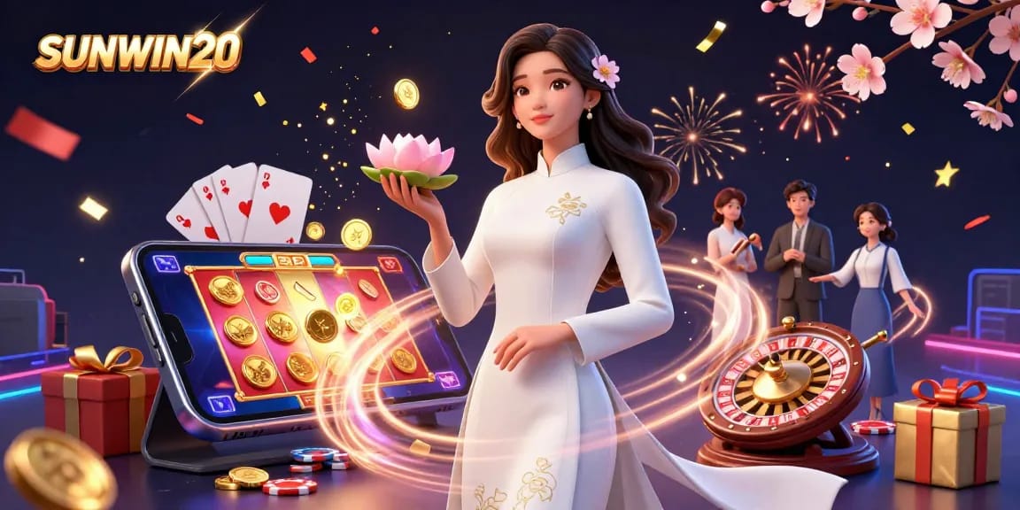 Spin to win with SUNWIN20 in a vibrant online casino illustration showcasing exciting game elements.
