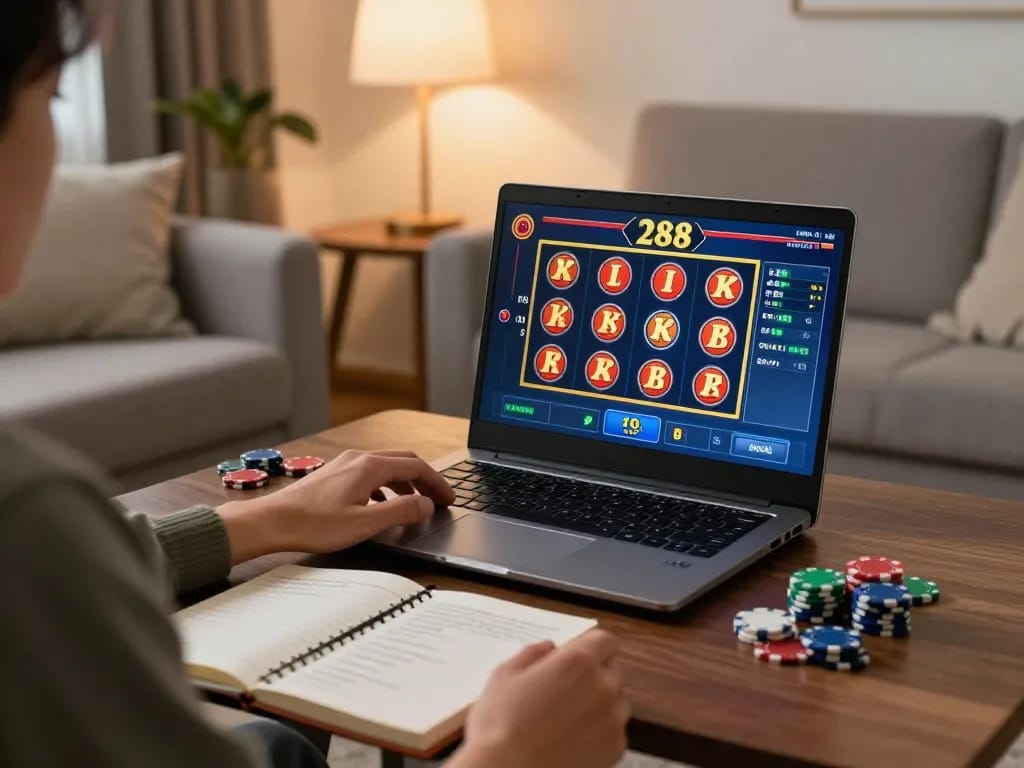 Engaging player using to288 slot game on laptop in cozy home gaming setup.
