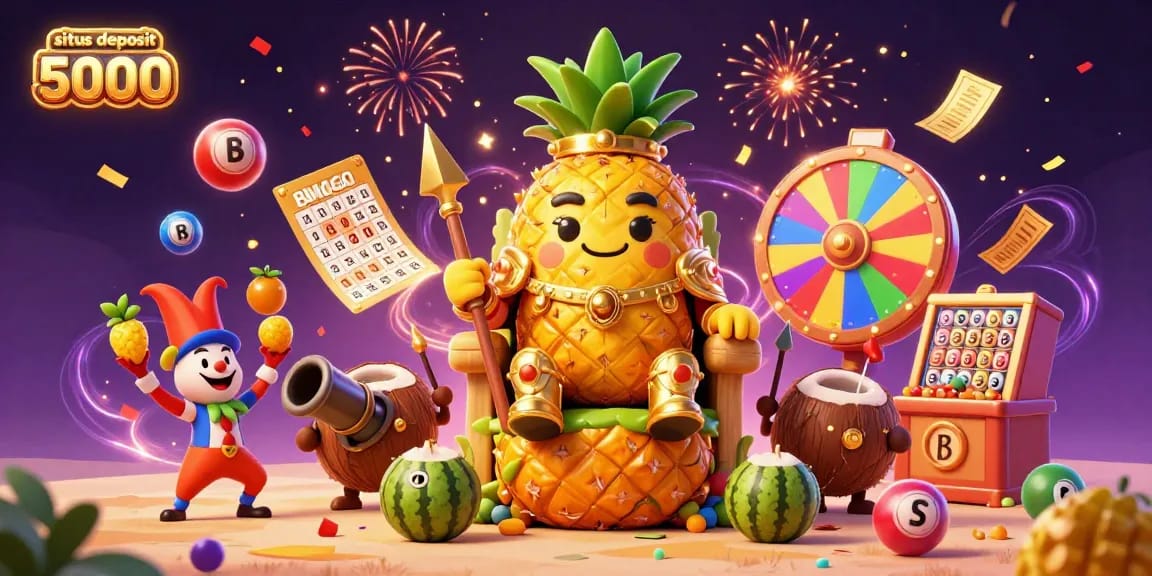 Engage with exciting slots at situs deposit 5000 in a vibrant beach casino scene featuring a golden pineapple king.