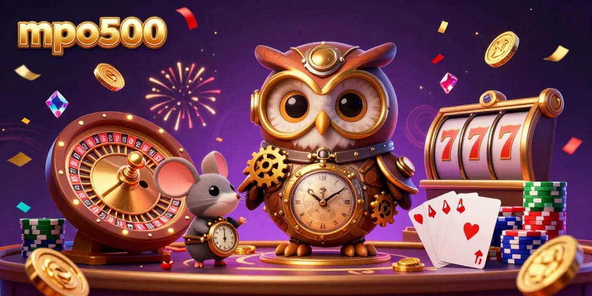 Spin the reels and win big with mpo500 in this vibrant 3D online casino scene.