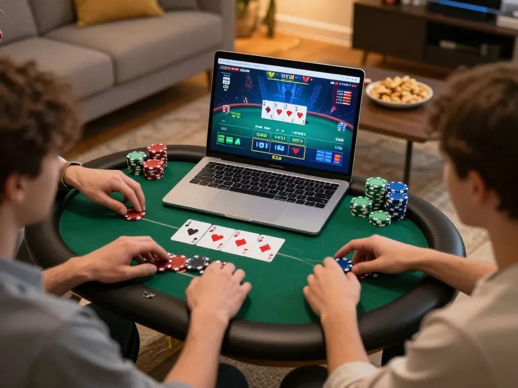 Twin68 players strategizing during an online poker session on a laptop, showcasing engaging game graphics.