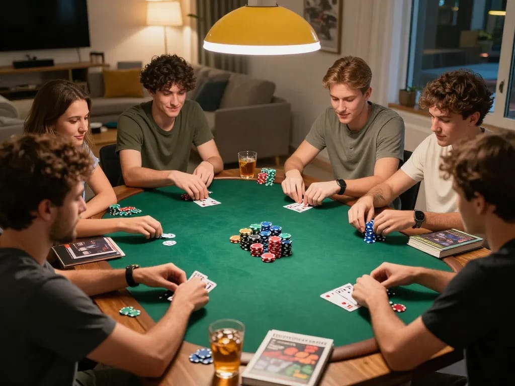 Friends enjoy a poker night at home, emphasizing the strategic excitement of taixiusunwin.art games.