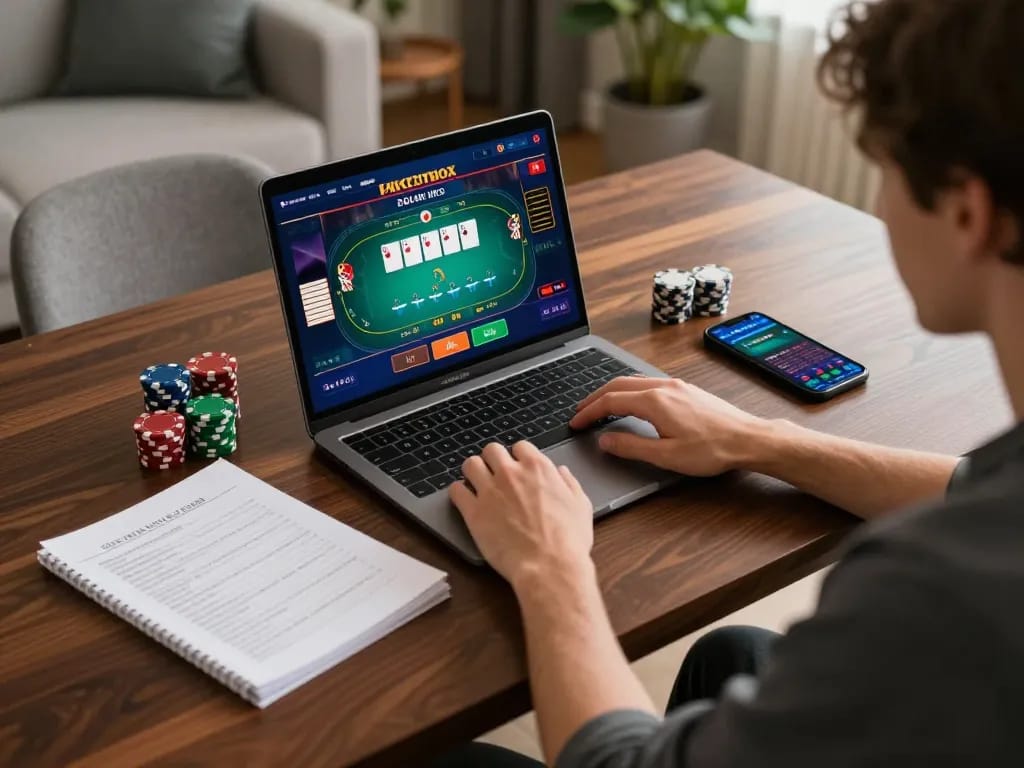 Cucu777 player engaging in strategic online poker at home, showcasing a modern gaming setup.