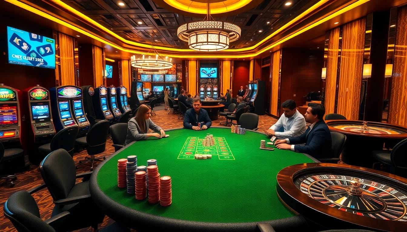 Exciting scene of players engaging at a Bay789 poker table in a luxury casino ambiance.
