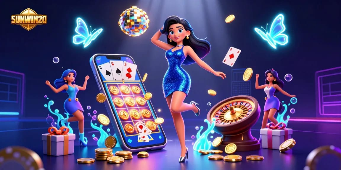 Savor the excitement at SUNWIN20 with vibrant slot gaming elements, golden coins, and engaging characters.