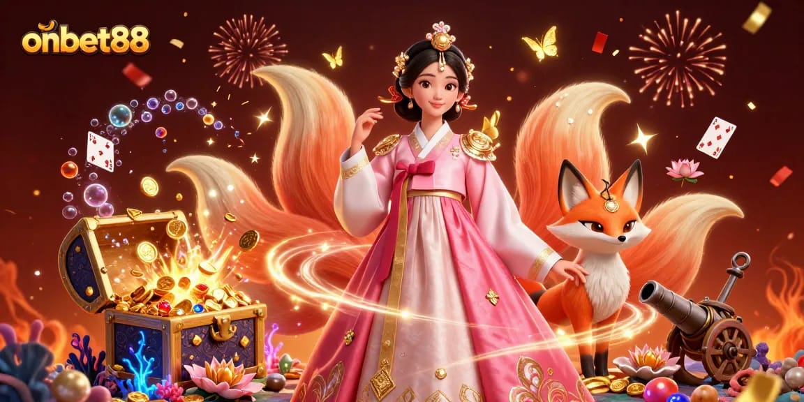 Win big at onbet88 with vibrant casino-themed 3D illustration showcasing an Asian woman in ornate hanbok and lucky fox.