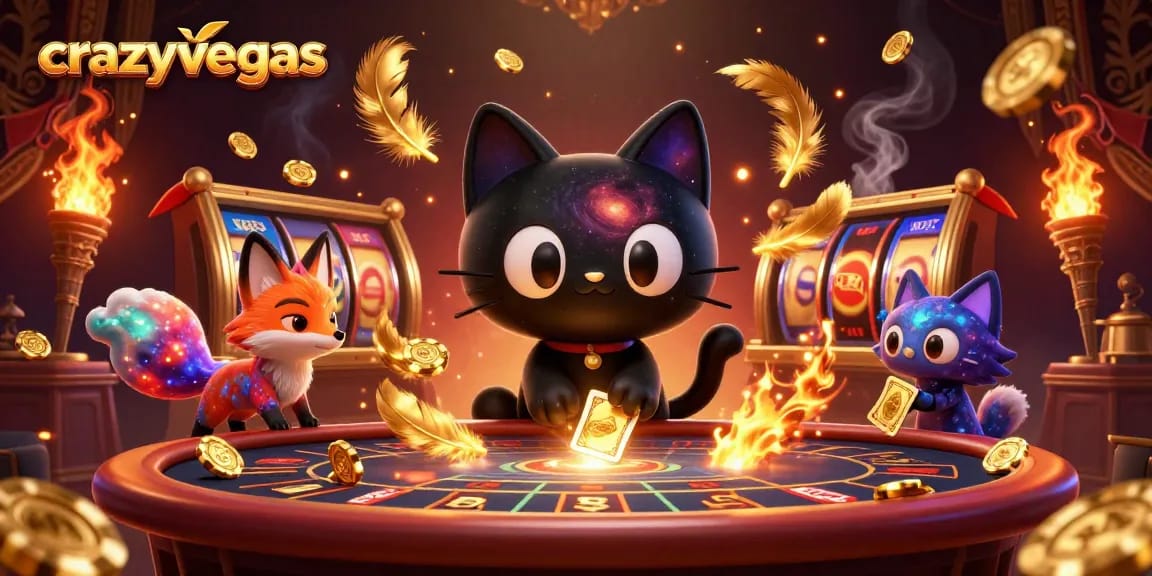 Win big at crazyvegas with a cosmic casino scene, showcasing a black hole cat and nebula fox.