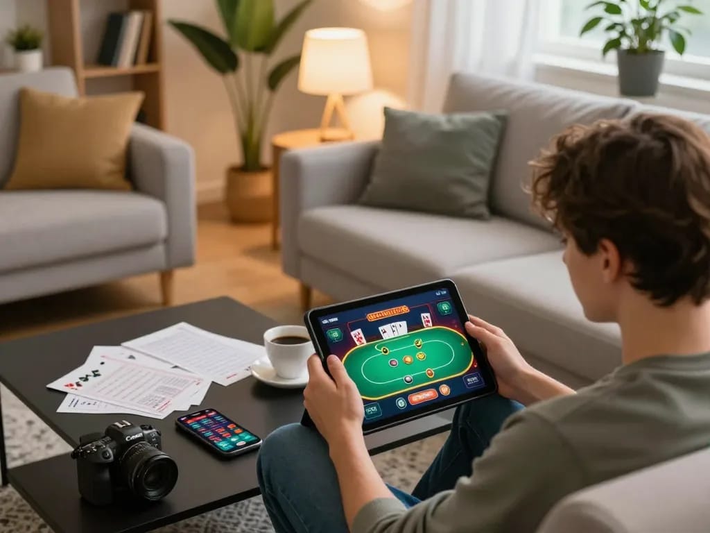 Engaging home scene of a player immersed in Canada online casinos on a tablet, enjoying a cozy atmosphere with strategy notes.