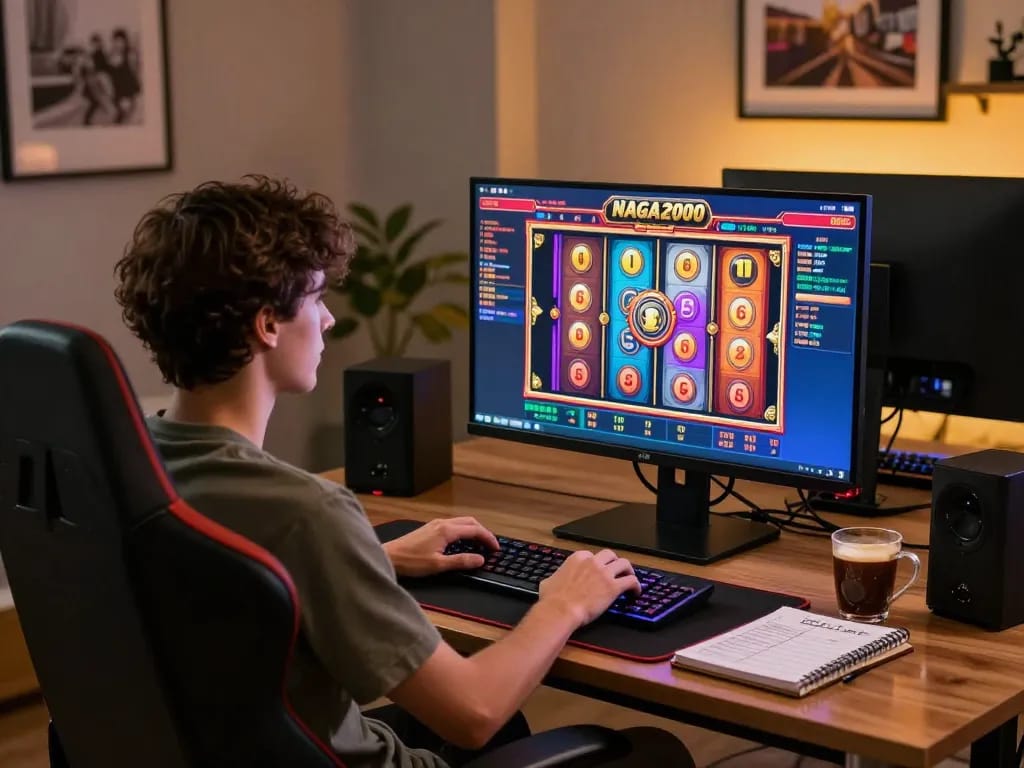 NAGA2000 online gamer enjoying a vibrant slots experience with cozy decor and warm lighting.