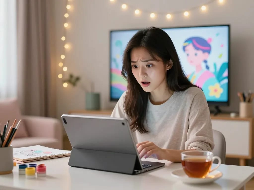 Young woman interacting with an AI chatbot in a cozy home setting, exploring ai nsfw creativity through technology.