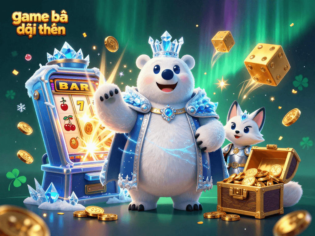 Engage in exciting game bài đổi thưởng with a vibrant 3D casino illustration showcasing polar characters and thrilling game elements.