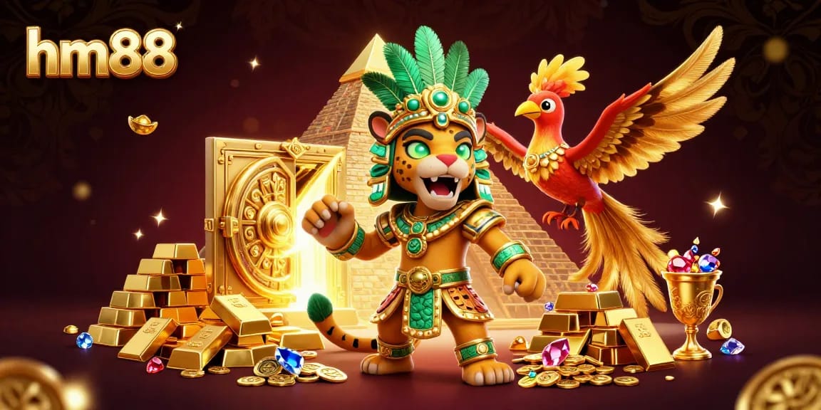 Engage with hm88's vibrant casino experience featuring a Mayan priest, gold treasures, and captivating gems.