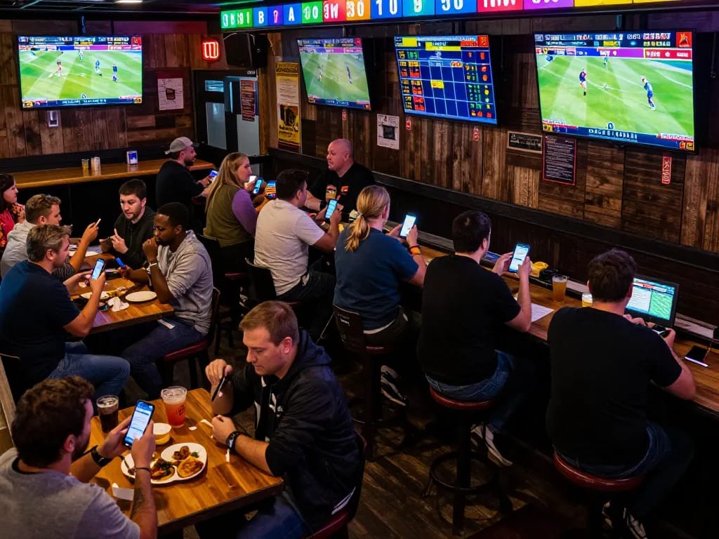 mposport login experience at a lively sports bar with patrons eagerly betting on games