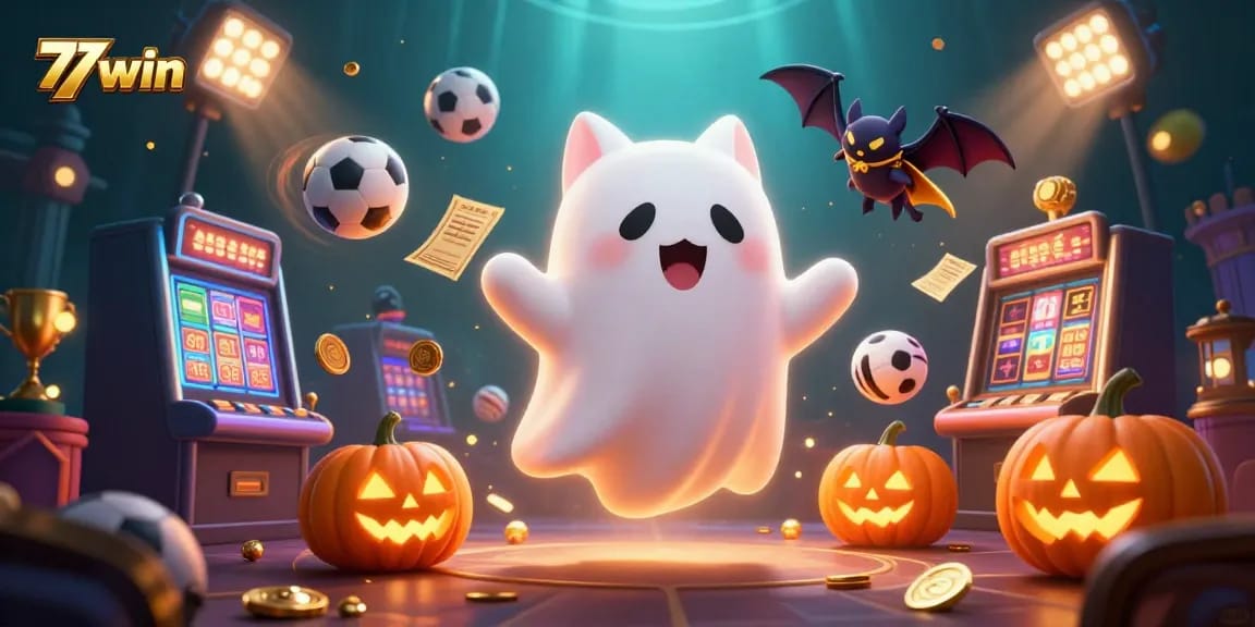 Experience excitement at 77win with a dynamic scene of a ghost cat casino adventure.