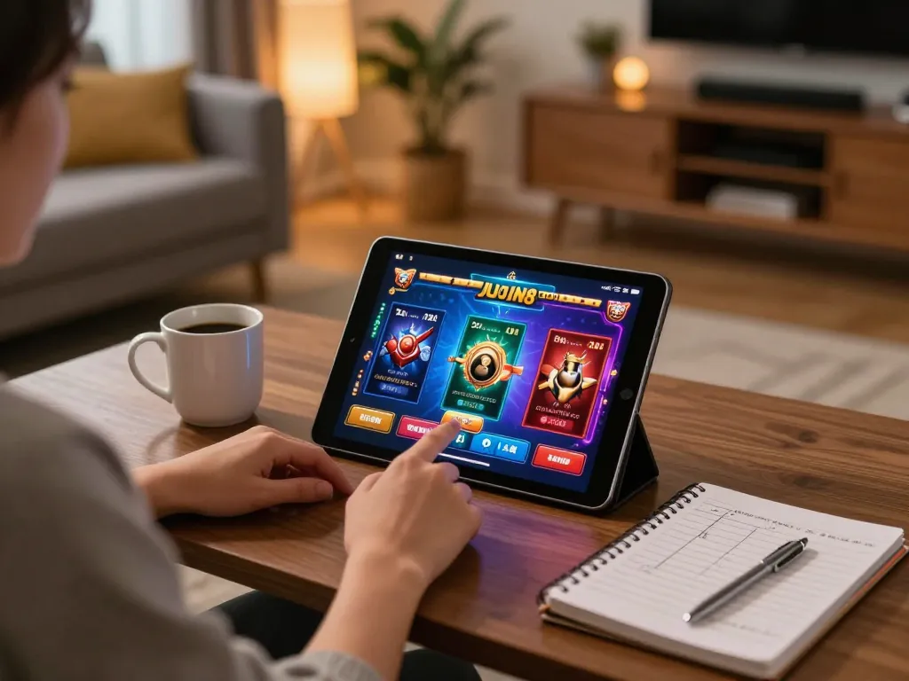 Engaging with the jun 88 online casino app on a tablet in a cozy home environment, enhancing gaming experience.