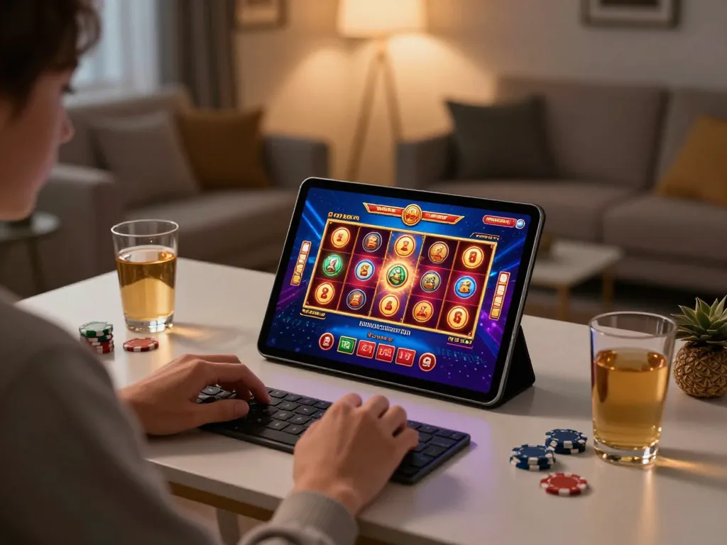 Player engaging in thrilling online casino games via luck88com on tablet, showcasing vibrant graphics and dynamic action.