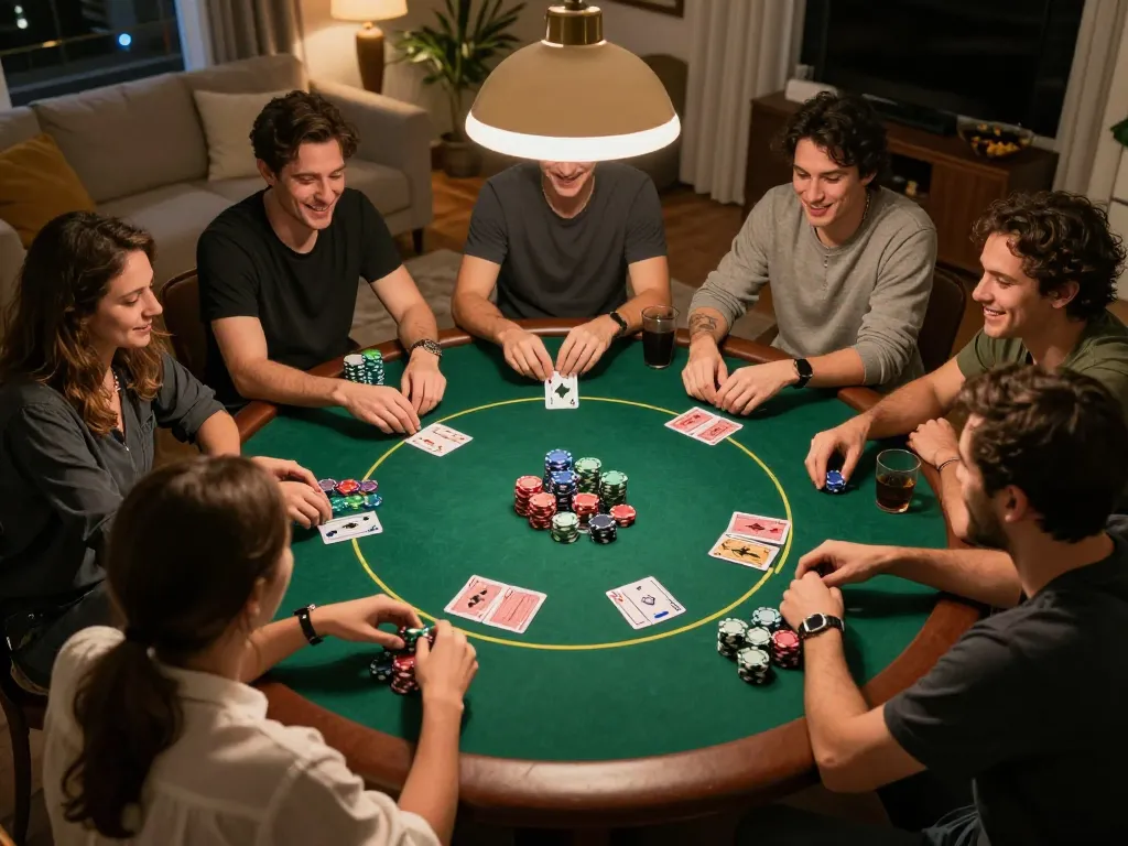 uu88 poker game setup with friends enjoying a strategic night of home gambling, vibrant chips and cards featured.