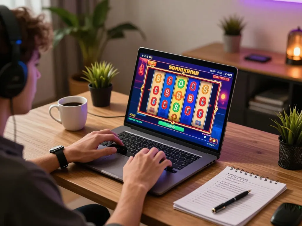 Engaged user playing slots online via 123B MVP on laptop in cozy home setup