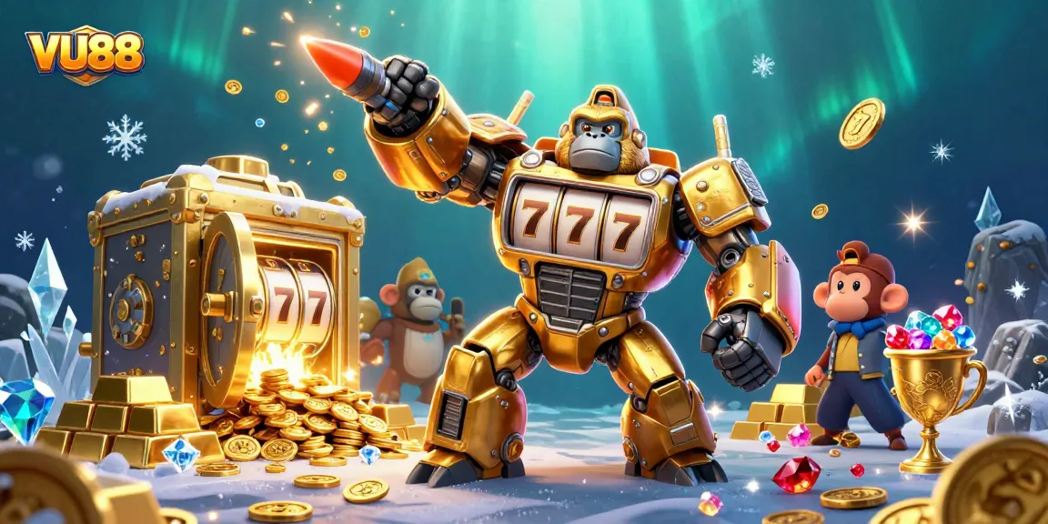 Experience VU88's thrilling casino adventure with a dynamic golden gorilla mech.