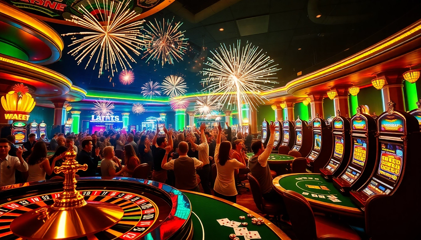 Explosion of a prize-winning lottery celebrated with fireworks in an opulent casino setting.