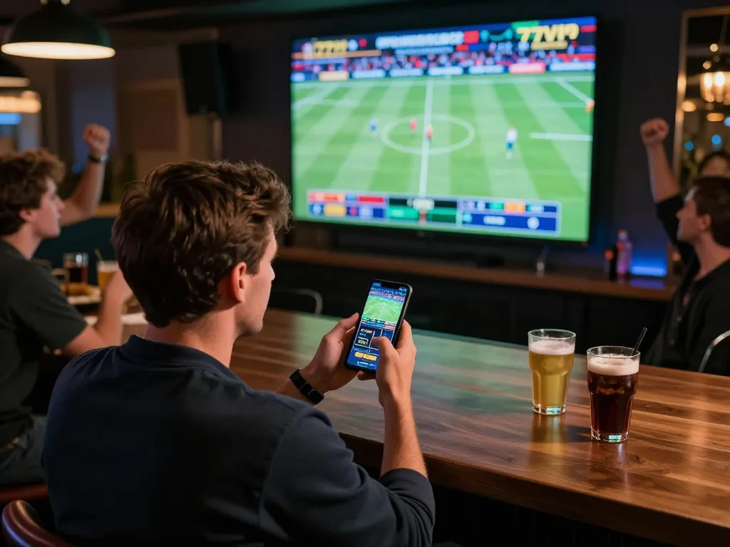 Sports betting enthusiast engaging with the 777VIP app while watching live games.