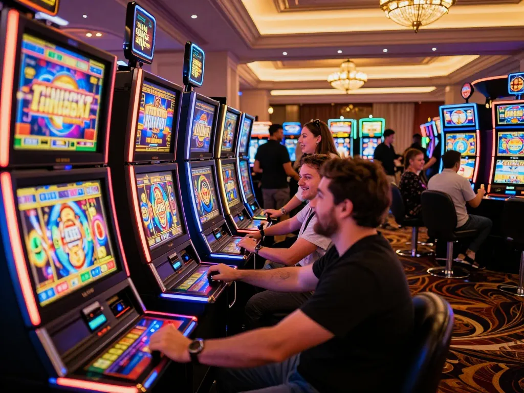 Players enjoying exciting slot games at the vibrant sky88 casino, featuring colorful machines and immersive atmosphere.