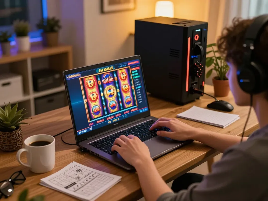 engaging in nổ hũ on a vibrant online gaming setup with warm ambient lighting