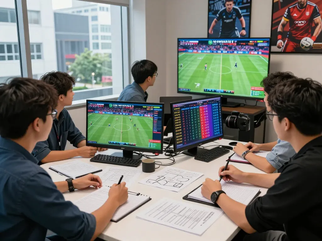 Kèo nhà cái hôm nay analysis in a dynamic sports betting room with analysts engaging over live match odds.