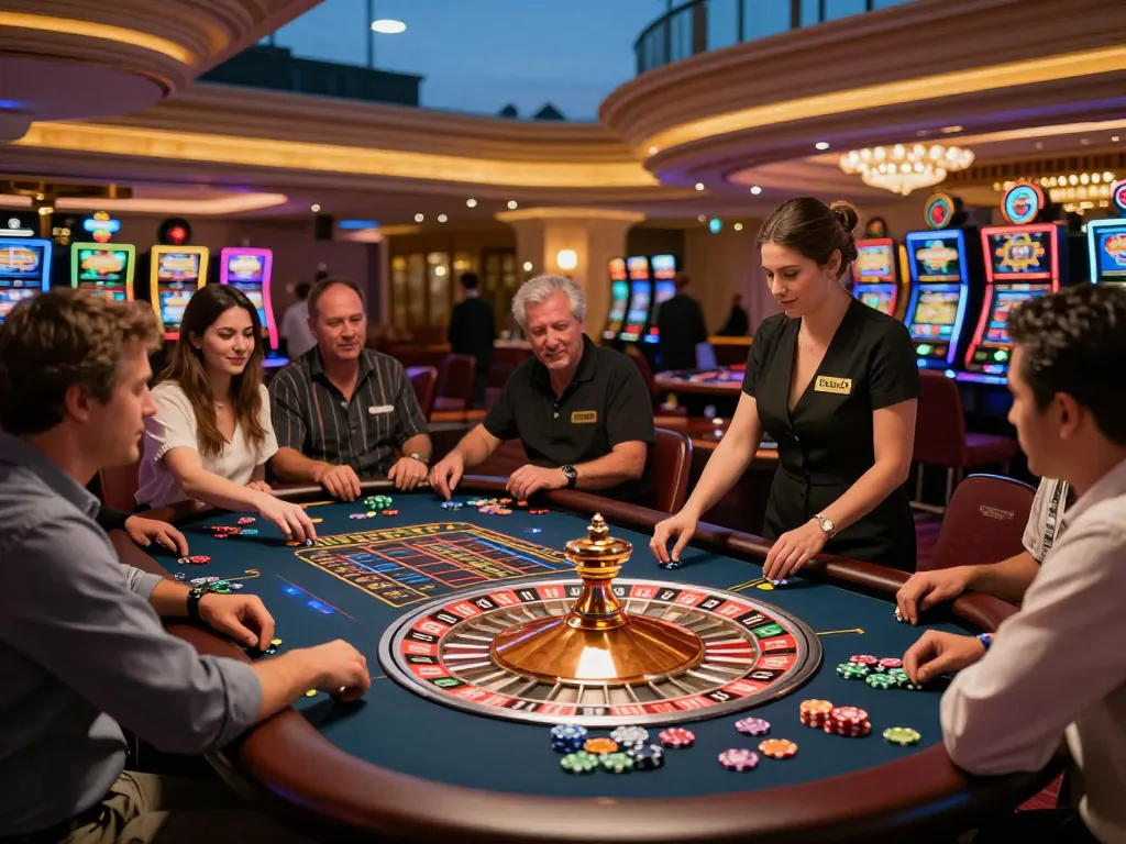 Players enjoying roulette at fun79vip casino with vibrant atmosphere and colorful chips.
