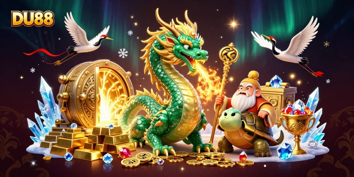 Experience the magic of DU88 with a jade dragon and treasures in a vibrant casino scene.