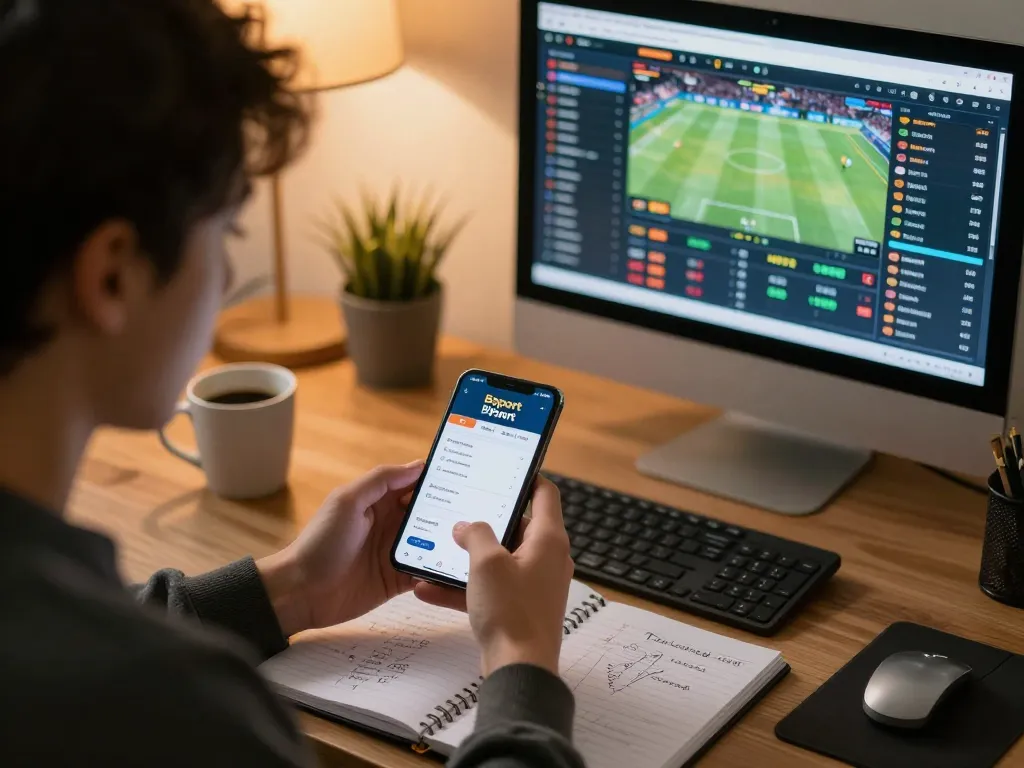 Betting with Bsport app on smartphone in cozy home office during exciting live sports event