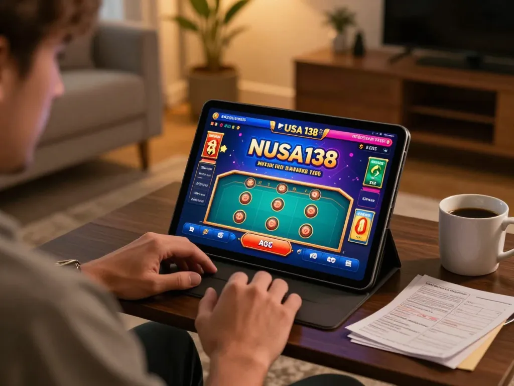 Pemain NUSA138 merencanakan strategi selama permainan online di ruang tamu yang nyaman