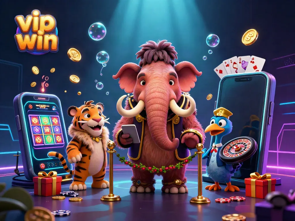 Experience the thrilling atmosphere of vip win with a cartoon mammoth bouncer, saber-tooth tiger guest, and vibrant slots.