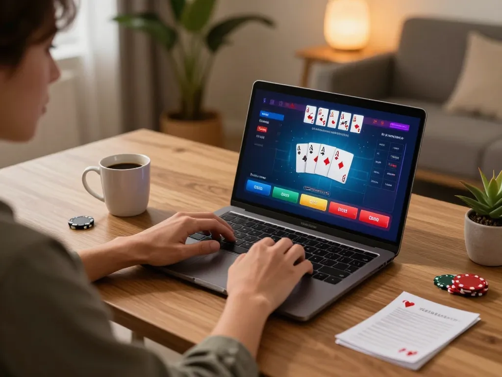 Player using rikvip for online poker, showcasing an engaging gaming setup with a laptop and betting notes.