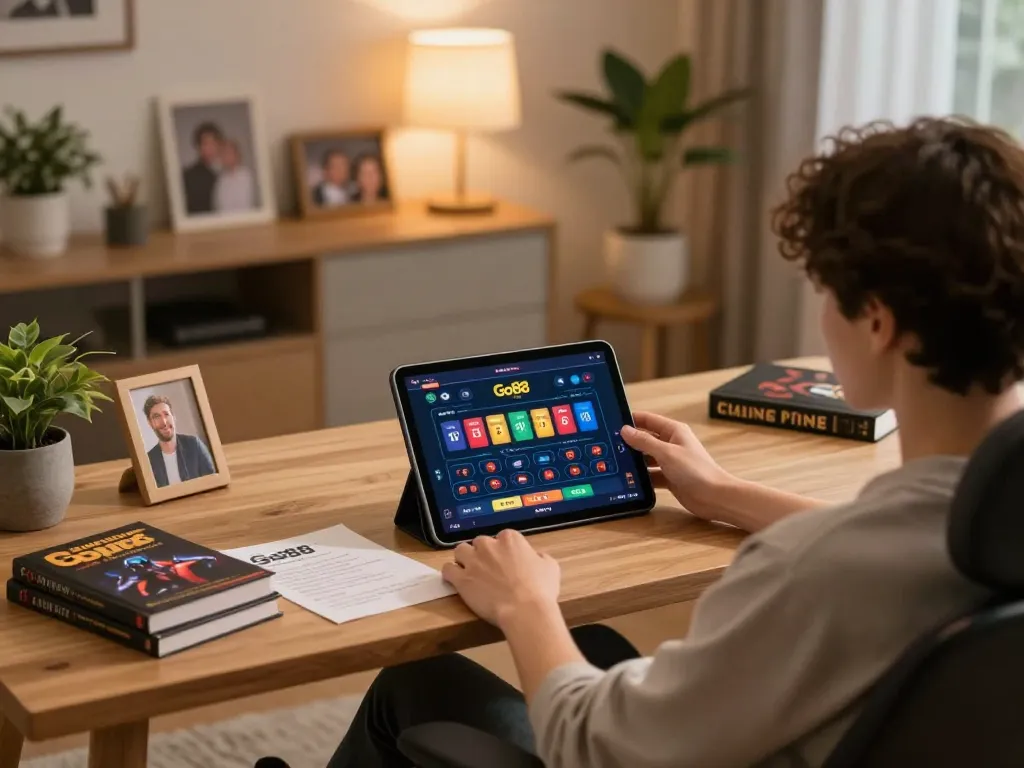Engaging with Go88 online casino on a tablet in a cozy home office environment, capturing the essence of responsible gambling.