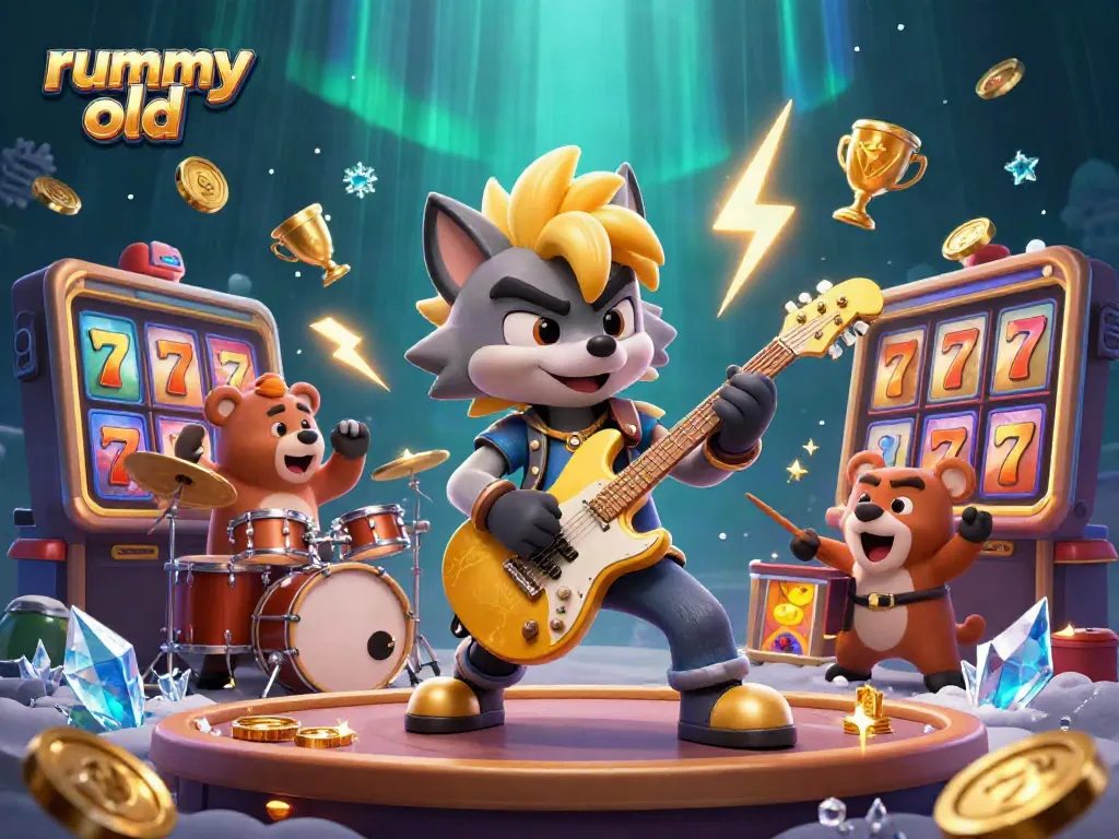 Experience thrilling gameplay with rummy old in an energetic casino scene featuring a rock star wolf and drummer bear.