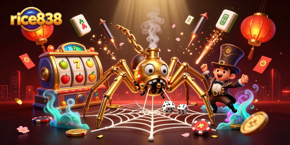Experience thrilling gameplay with rice838 in this vibrant casino scene featuring spinning slot reels and jackpot excitement.