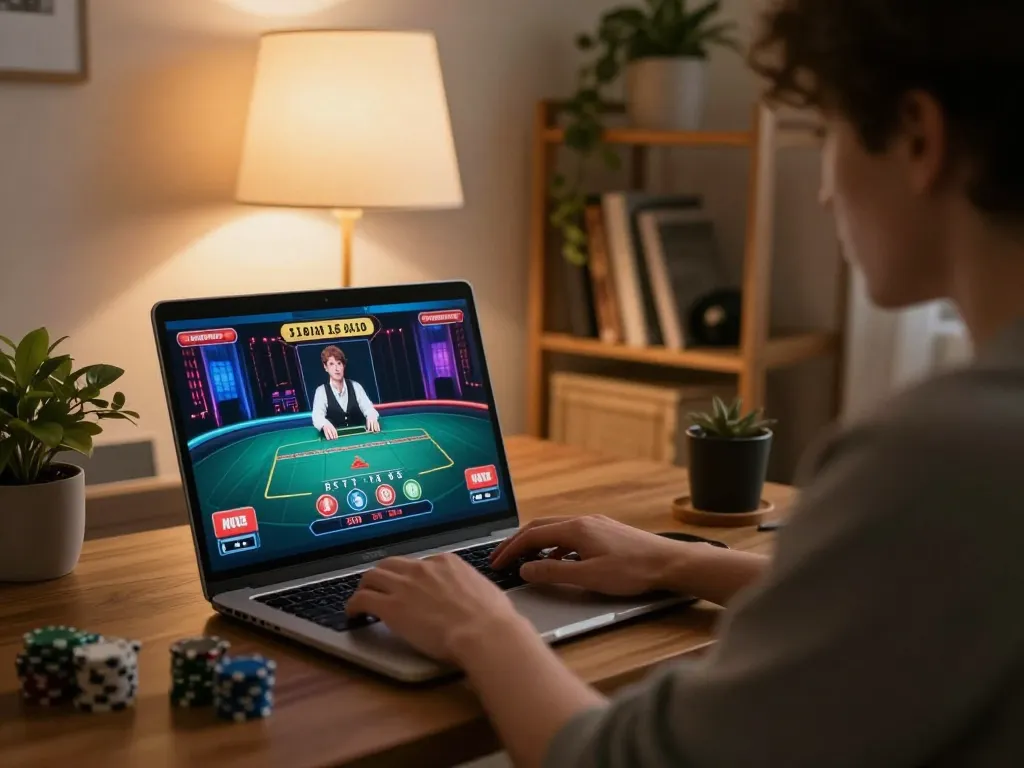 Engaged player using PLANET88 for an online casino game, showcasing a cozy home environment.