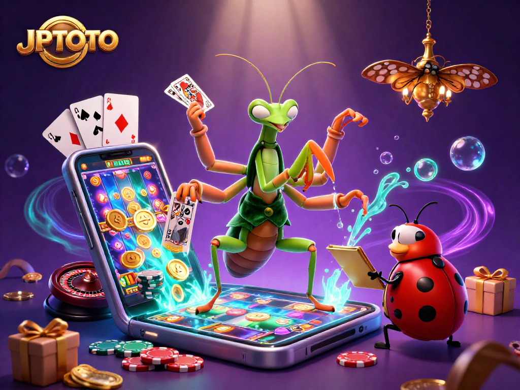 Experience JPTOTO's vibrant casino action with a praying mantis dealer and ladybug pit boss amidst a colorful gaming scene.