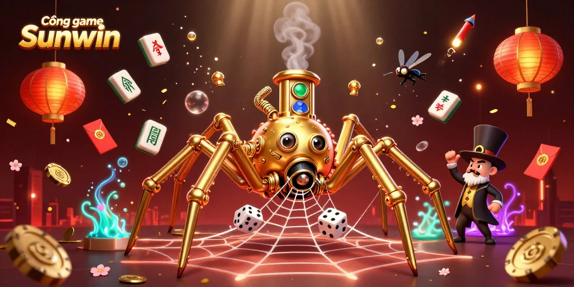 Cổng game Sunwin showcases a fantastical steampunk spider amidst floating gaming elements.