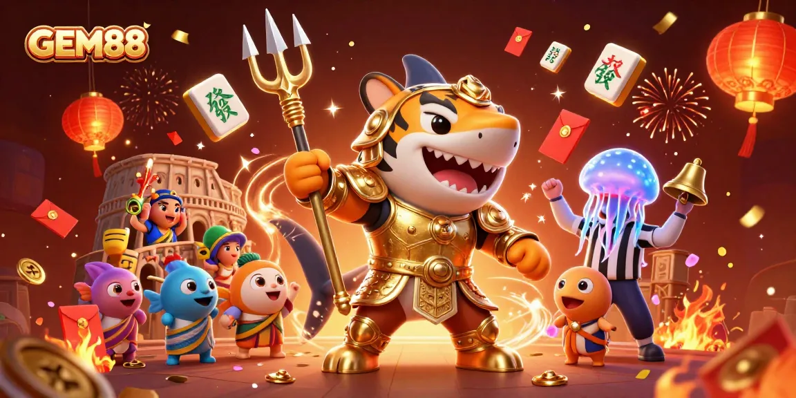 Engage with GEM88’s vibrant underwater casino ecosystem featuring a lively 3D tiger shark.