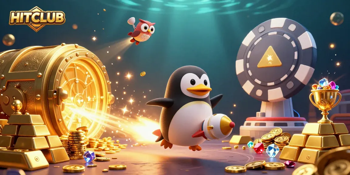 Play thrilling casino games at HITCLUB with 3D illustration depicting a penguin spacecraft and treasure.