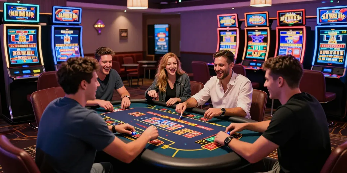 Friends enjoying the thrill of credit card casinos, lively gaming scene with vibrant slot machines and card tables.