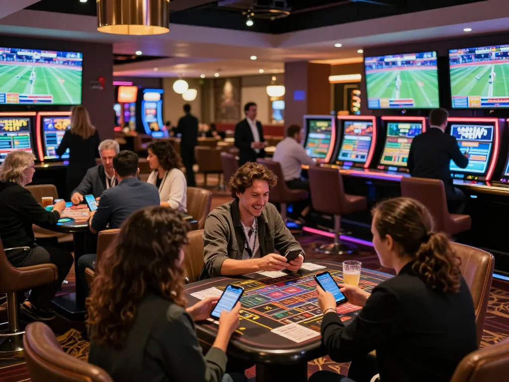 SC88 sports enthusiasts placing bets in an upscale lounge with live broadcasts.
