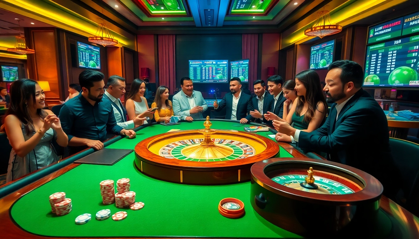 Situs Judi Bola betting atmosphere with players at an elegant casino table.