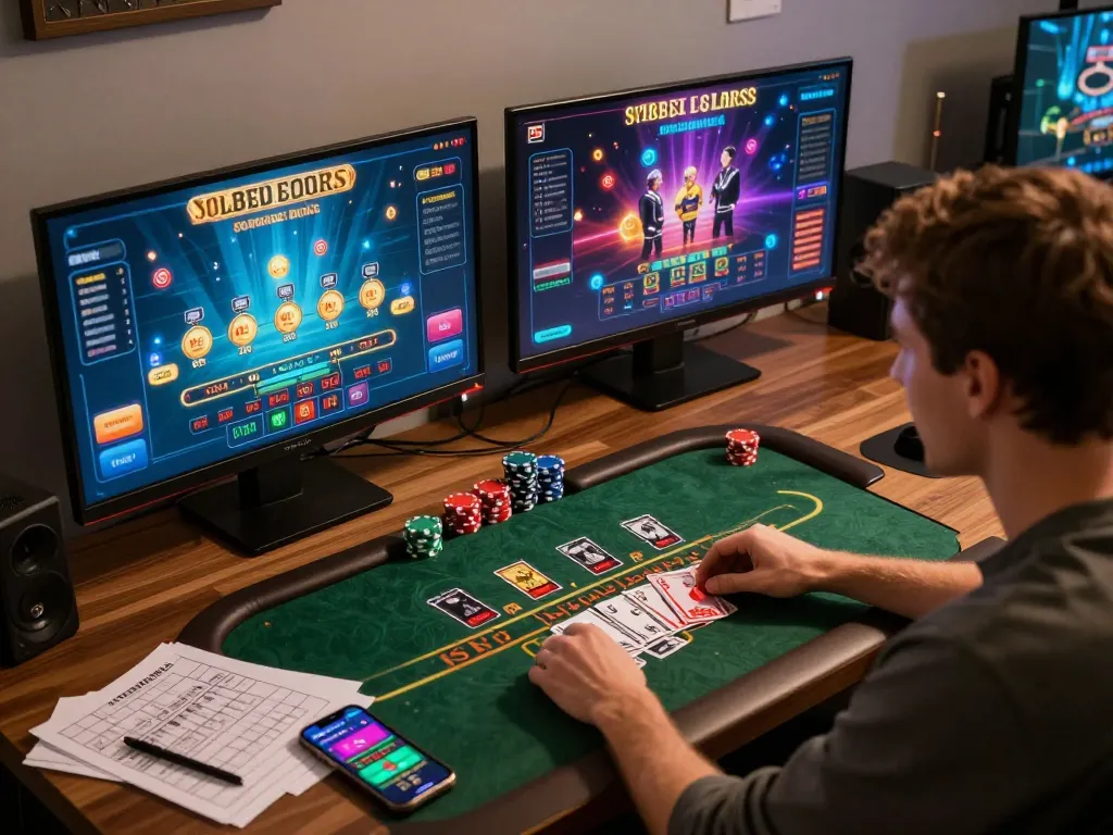Nego77 - player enjoying online blackjack at a personalized gaming setup with strategic notes