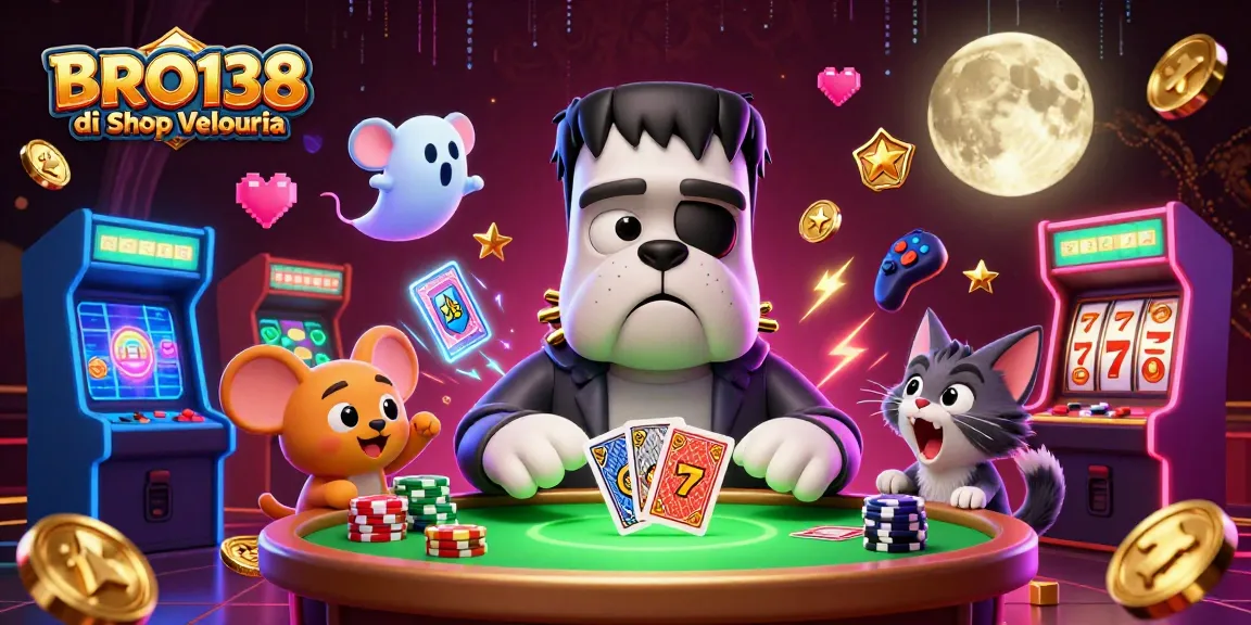 Engage with thrilling slot action at BRO138 di Shop Velouria featuring dynamic casino character scene.